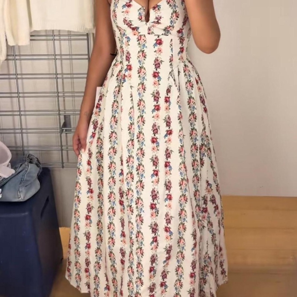 Floral Spaghetti Strap Sundress in White with Pink & Purple Roses